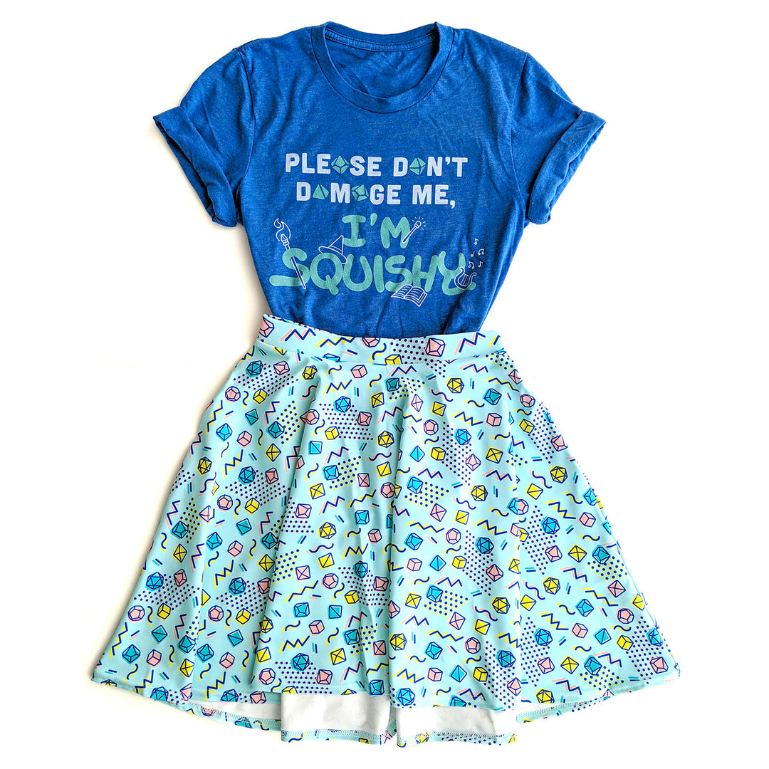90s Dice Skater Skirt - Geeky merchandise for people who play D&D - Merch to wear and cute accessories and stationery Paola's Pixels