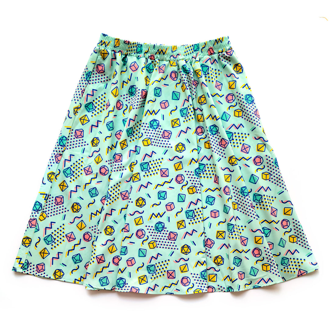 90s Dice Midi Skirt - Geeky merchandise for people who play D&D - Merch to wear and cute accessories and stationery Paola's Pixels