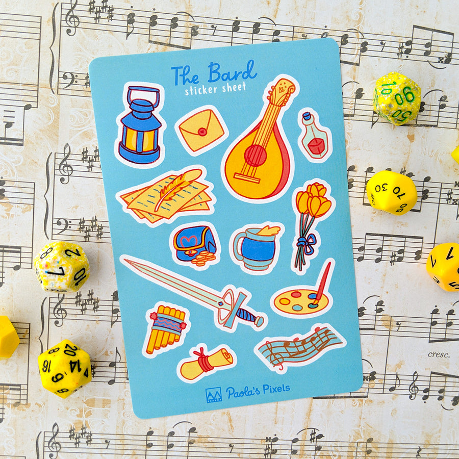The Bard Sticker Sheet - Geeky merchandise for people who play D&D - Merch to wear and cute accessories and stationery Paola's Pixels