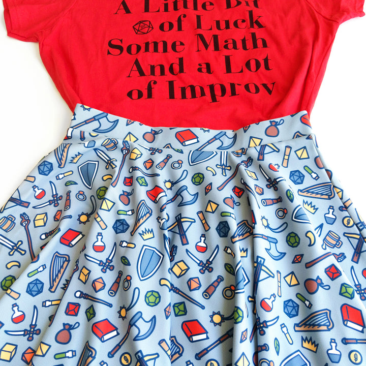 Tabletop Items Skater Skirt - Geeky merchandise for people who play D&D - Merch to wear and cute accessories and stationery Paola's Pixels
