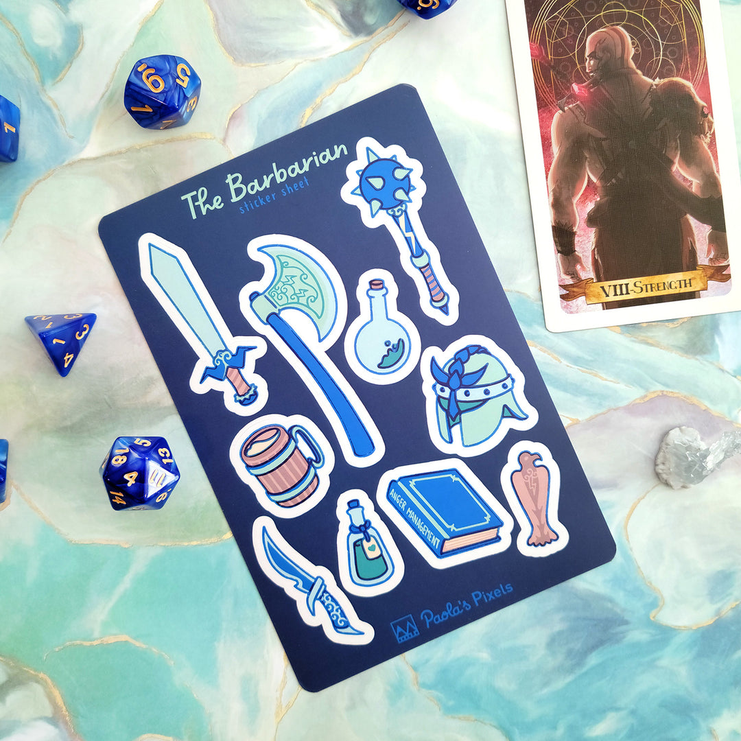 The Barbarian Sticker Sheet - Geeky merchandise for people who play D&D - Merch to wear and cute accessories and stationery Paola's Pixels