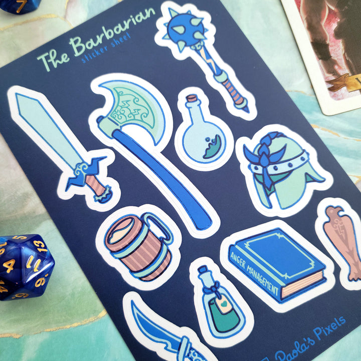 The Barbarian Sticker Sheet - Geeky merchandise for people who play D&D - Merch to wear and cute accessories and stationery Paola's Pixels