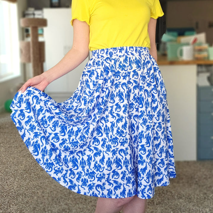 Blue Dragons Midi Skirt - Geeky merchandise for people who play D&D - Merch to wear and cute accessories and stationery Paola's Pixels