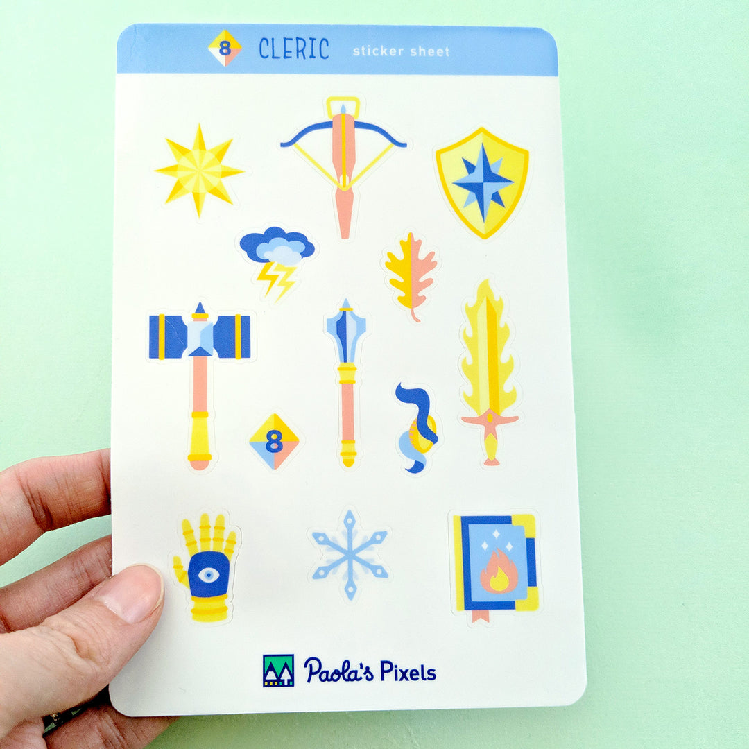 Cleric Sticker Sheet - Geeky merchandise for people who play D&D - Merch to wear and cute accessories and stationery Paola's Pixels