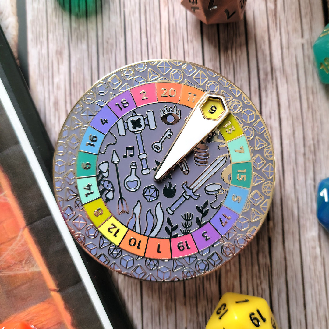 d20 Spinner Enamel Pin - Geeky merchandise for people who play D&D - Merch to wear and cute accessories and stationery Paola's Pixels