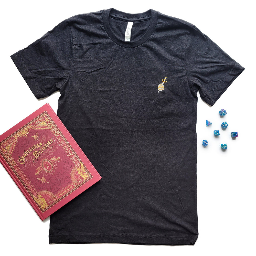 Dagger and d20 Embroidered Unisex Shirt - Geeky merchandise for people who play D&D - Merch to wear and cute accessories and stationery Paola's Pixels