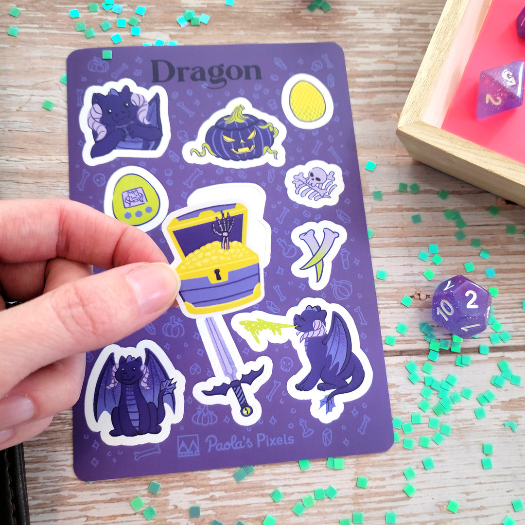 Dragon Sticker Sheet - Geeky merchandise for people who play D&D - Merch to wear and cute accessories and stationery Paola's Pixels