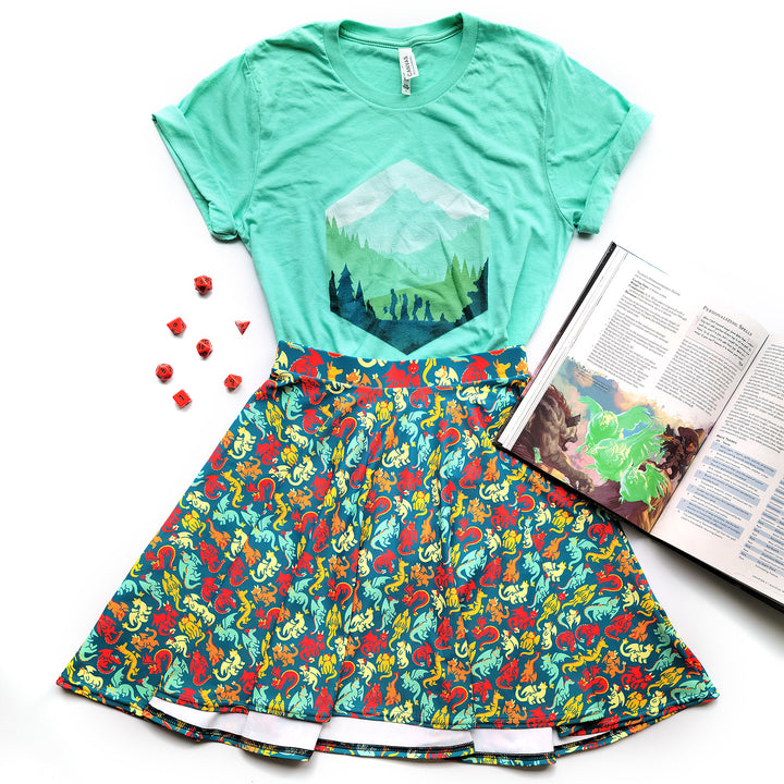 Dragons Skater Skirt - Geeky merchandise for people who play D&D - Merch to wear and cute accessories and stationery Paola's Pixels