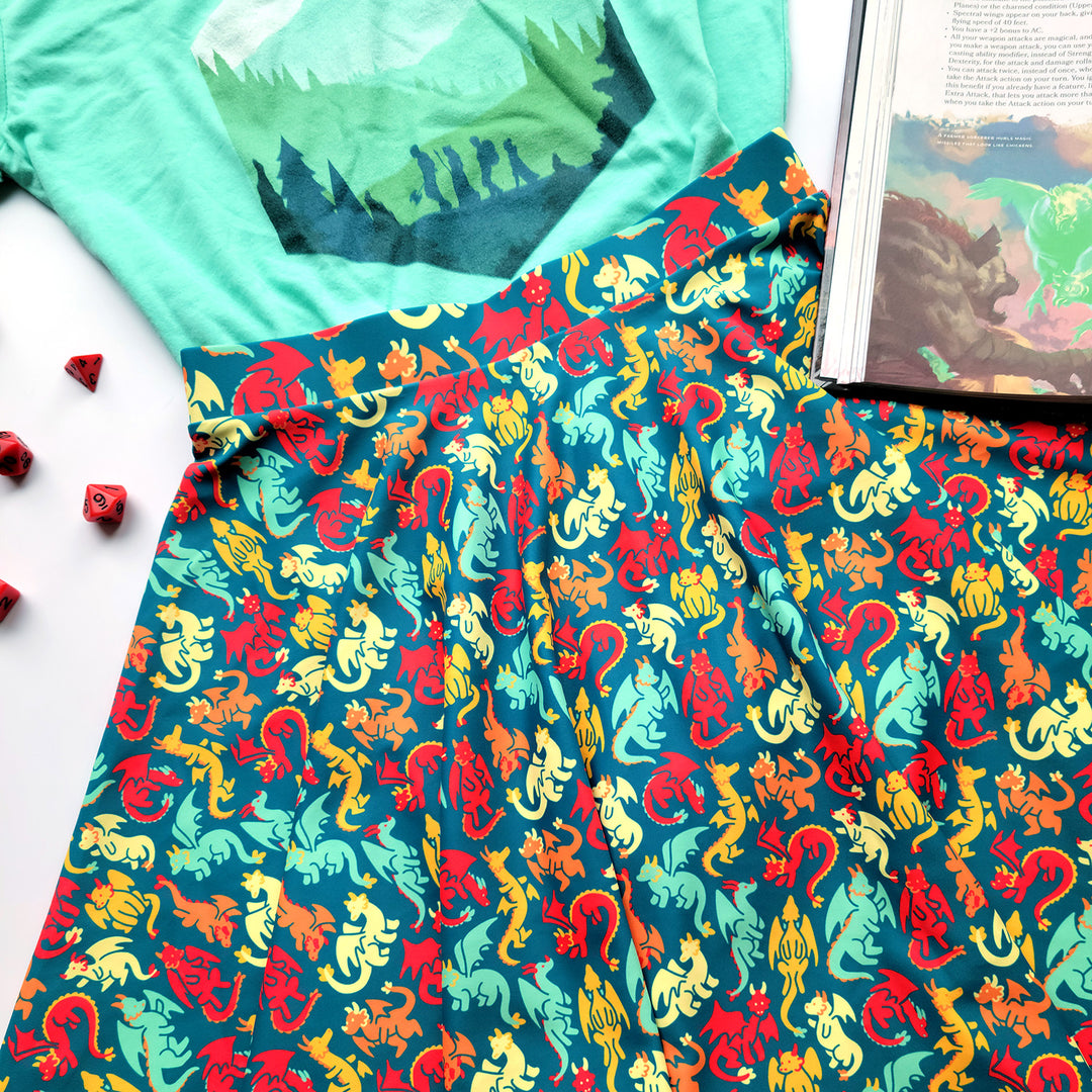 Dragons Skater Skirt - Geeky merchandise for people who play D&D - Merch to wear and cute accessories and stationery Paola's Pixels
