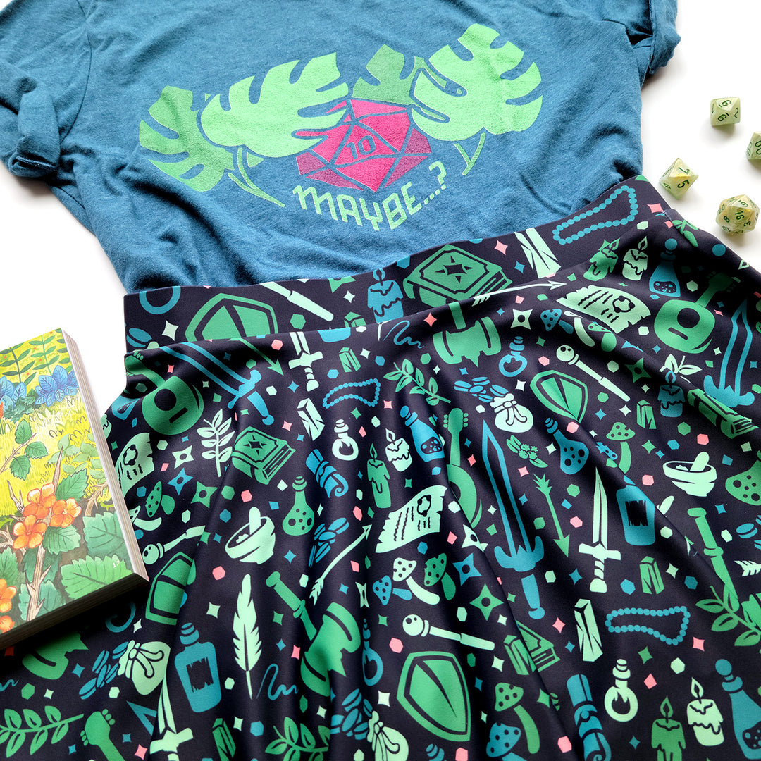 Dungeon Academia Skater Skirt - Geeky merchandise for people who play D&D - Merch to wear and cute accessories and stationery Paola's Pixels