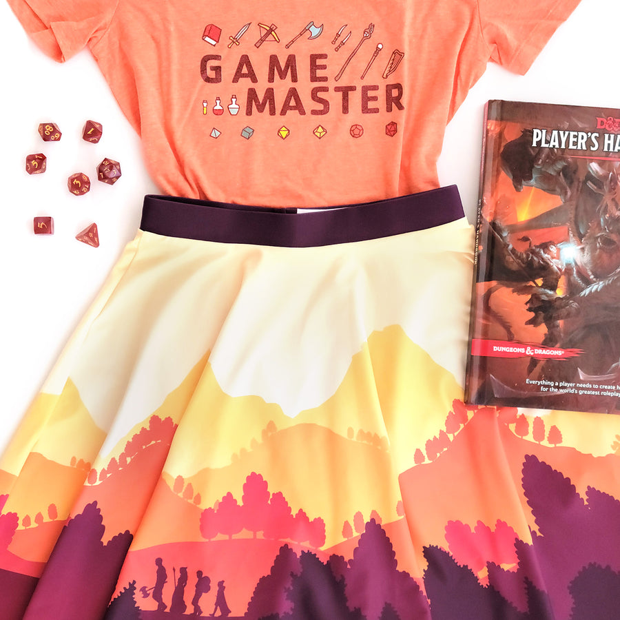 Fall Adventure Landscape Skater Skirt - Geeky merchandise for people who play D&D - Merch to wear and cute accessories and stationery Paola's Pixels