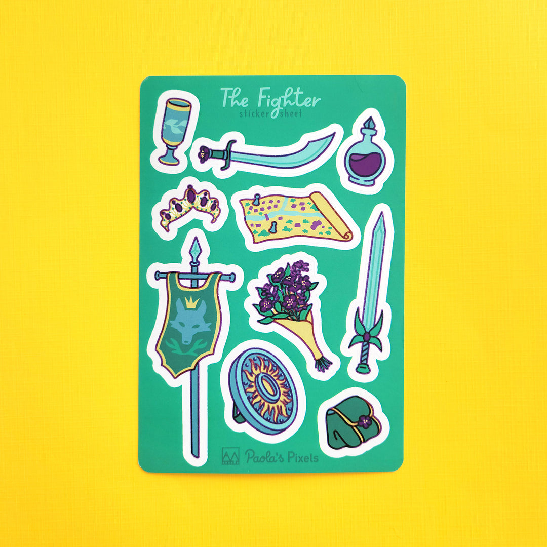 The Fighter Sticker Sheet - Geeky merchandise for people who play D&D - Merch to wear and cute accessories and stationery Paola's Pixels