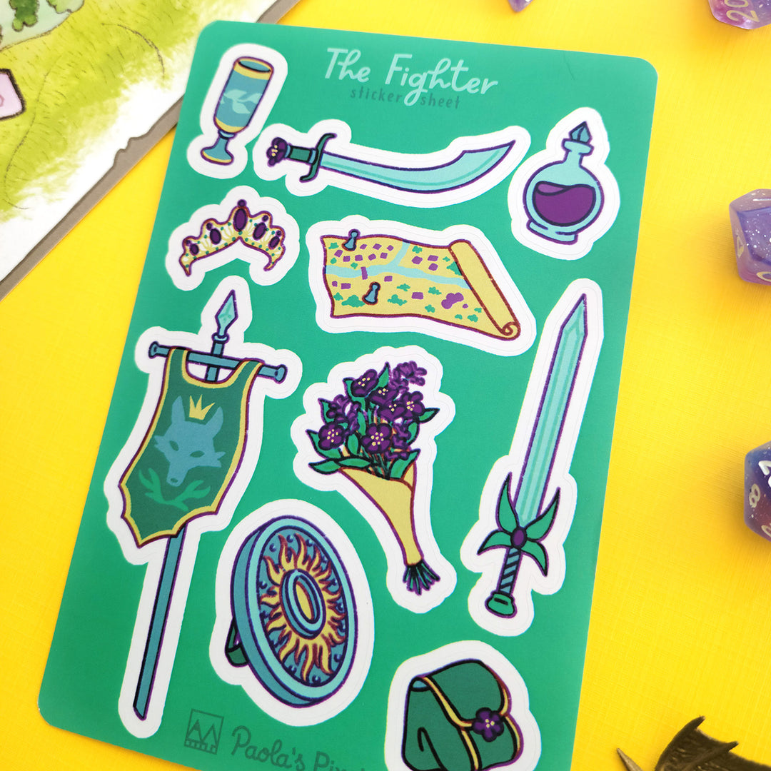 The Fighter Sticker Sheet - Geeky merchandise for people who play D&D - Merch to wear and cute accessories and stationery Paola's Pixels