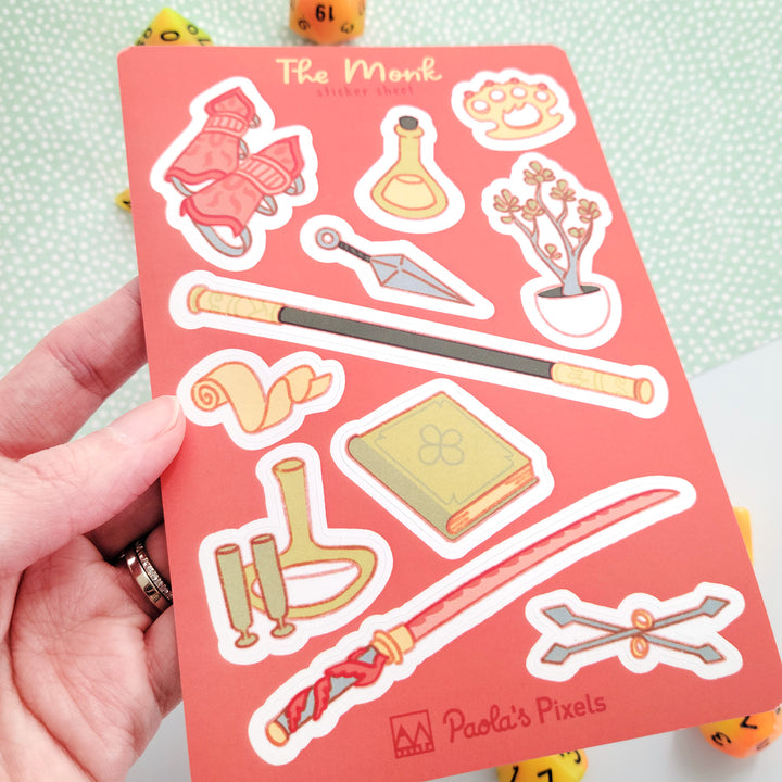 The Monk Sticker Sheet - Geeky merchandise for people who play D&D - Merch to wear and cute accessories and stationery Paola's Pixels