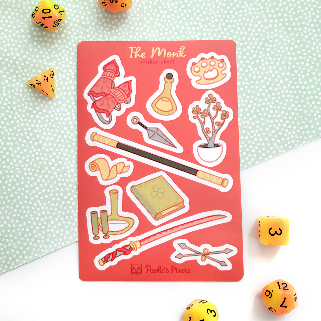 The Monk Sticker Sheet - Geeky merchandise for people who play D&D - Merch to wear and cute accessories and stationery Paola's Pixels