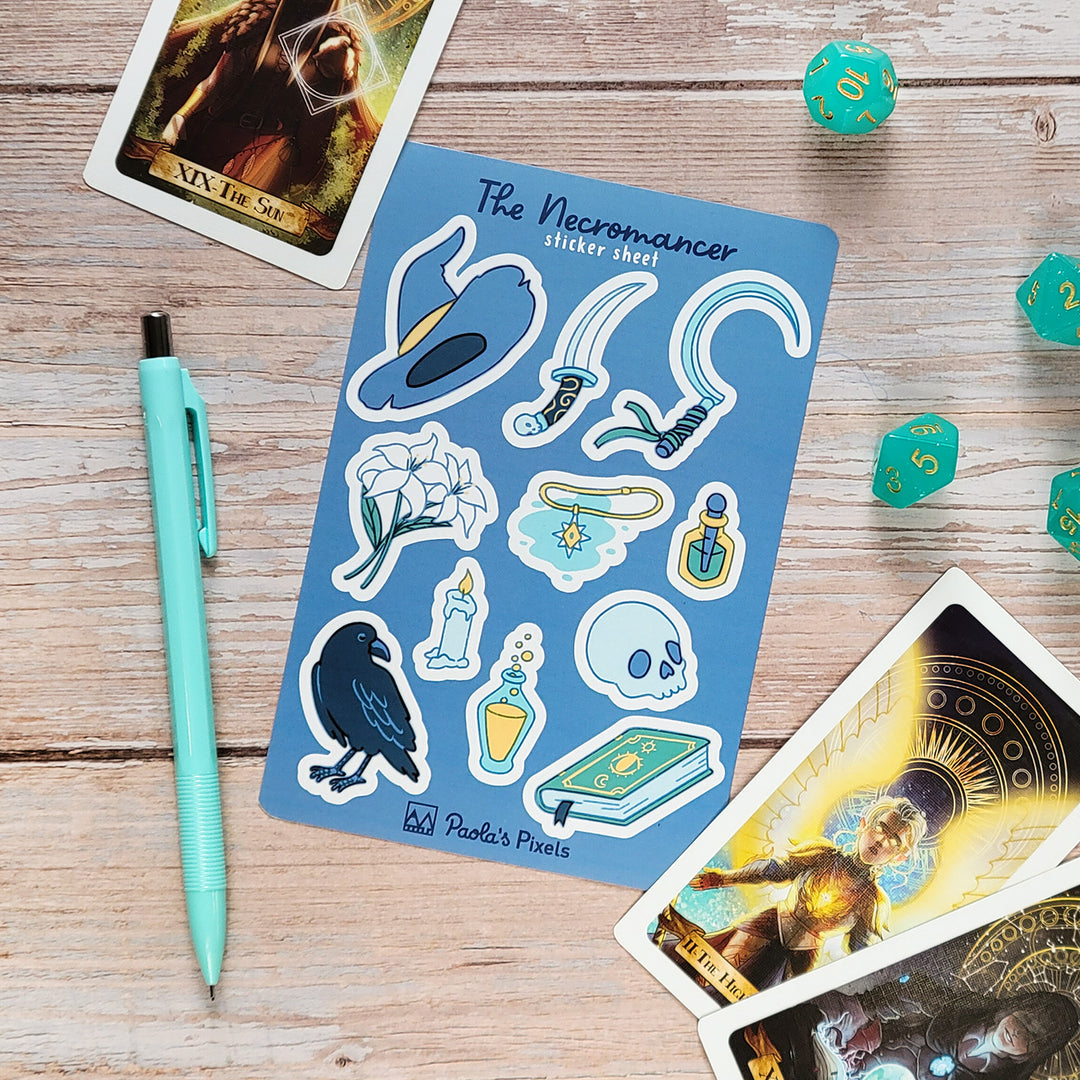 Necromancer Sticker Sheet - Geeky merchandise for people who play D&D - Merch to wear and cute accessories and stationery Paola's Pixels