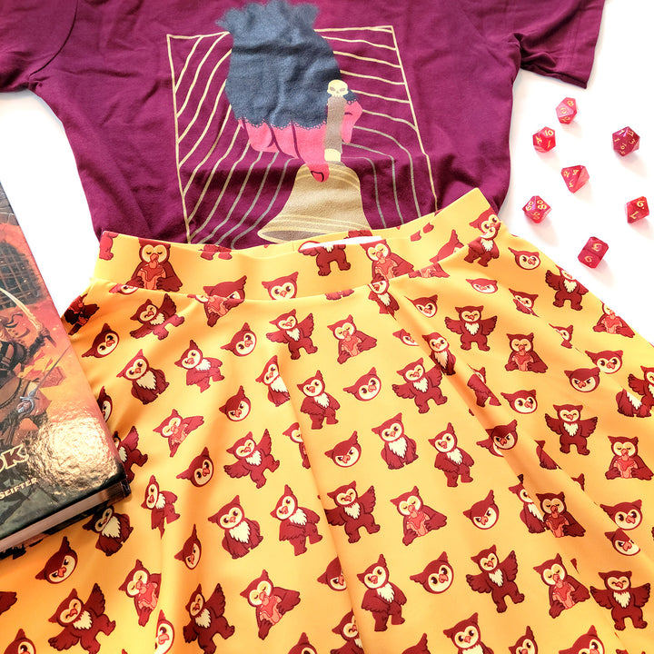 Owlbear Skater Skirt - Geeky merchandise for people who play D&D - Merch to wear and cute accessories and stationery Paola's Pixels