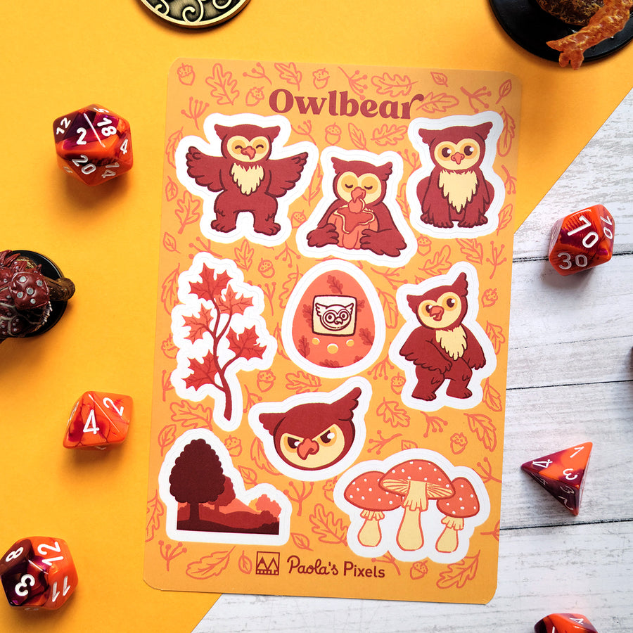 Owlbear Sticker Sheet - Geeky merchandise for people who play D&D - Merch to wear and cute accessories and stationery Paola's Pixels