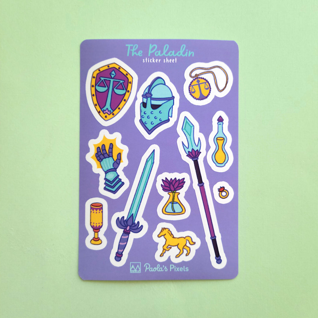 The Paladin Sticker Sheet - Geeky merchandise for people who play D&D - Merch to wear and cute accessories and stationery Paola's Pixels