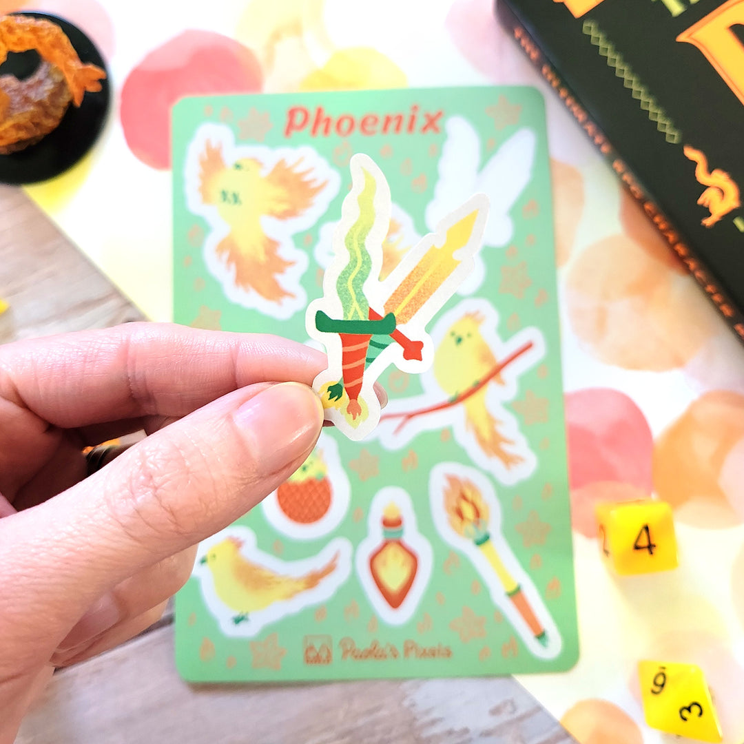 Phoenix Sticker Sheet - Geeky merchandise for people who play D&D - Merch to wear and cute accessories and stationery Paola's Pixels