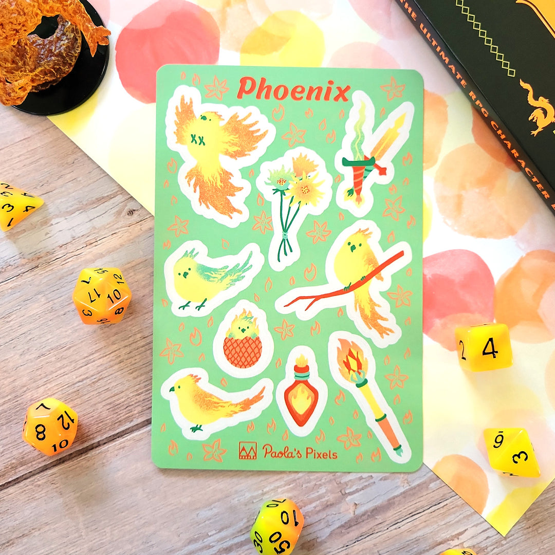 Phoenix Sticker Sheet - Geeky merchandise for people who play D&D - Merch to wear and cute accessories and stationery Paola's Pixels