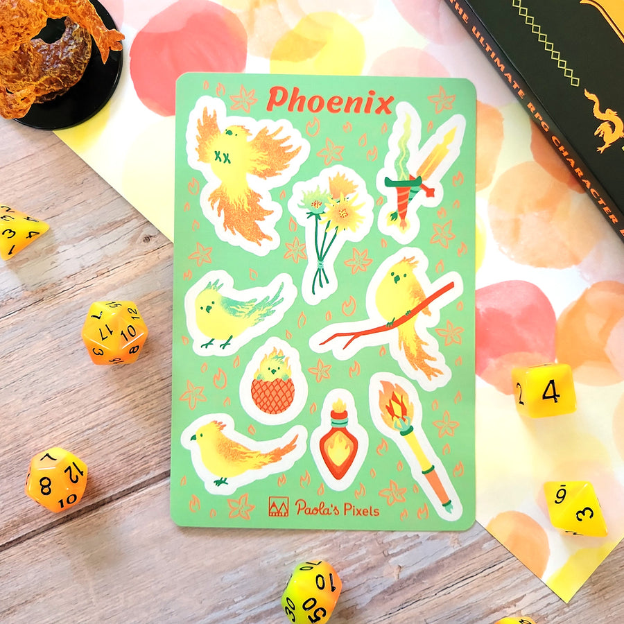 Phoenix Sticker Sheet - Geeky merchandise for people who play D&D - Merch to wear and cute accessories and stationery Paola's Pixels