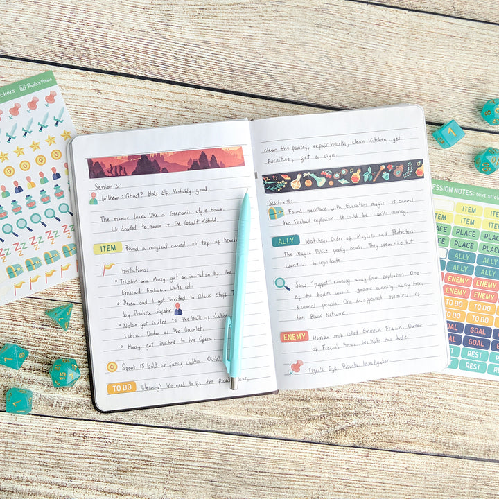 Text and Icon Session Notes Sticker Sheets - Geeky merchandise for people who play D&D - Merch to wear and cute accessories and stationery Paola's Pixels