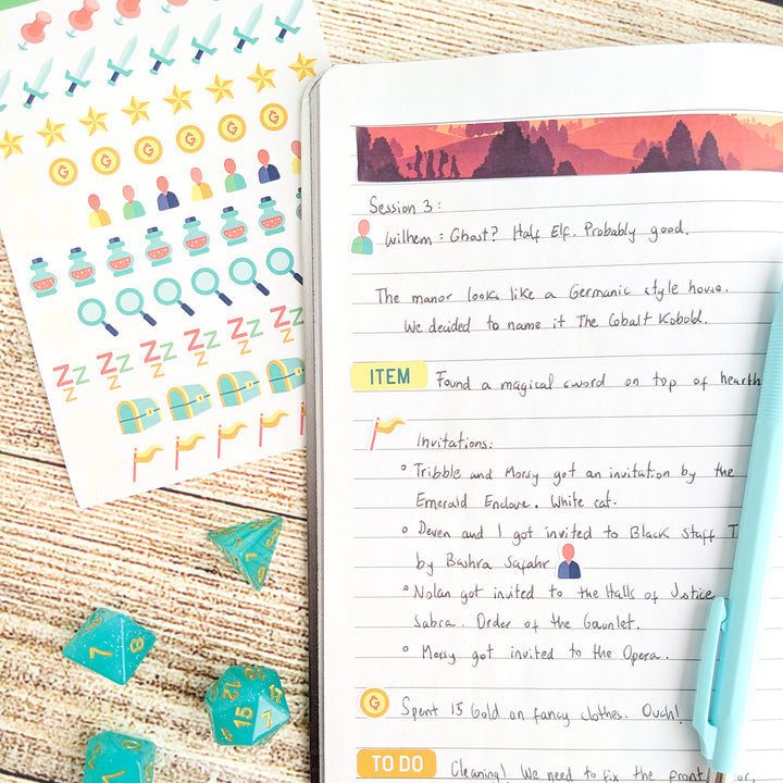 Text and Icon Session Notes Sticker Sheets - Geeky merchandise for people who play D&D - Merch to wear and cute accessories and stationery Paola's Pixels