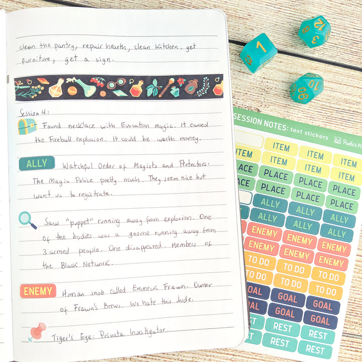 Text and Icon Session Notes Sticker Sheets - Geeky merchandise for people who play D&D - Merch to wear and cute accessories and stationery Paola's Pixels