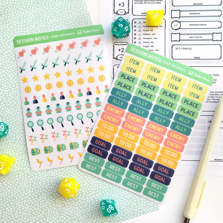 Text and Icon Session Notes Sticker Sheets - Geeky merchandise for people who play D&D - Merch to wear and cute accessories and stationery Paola's Pixels