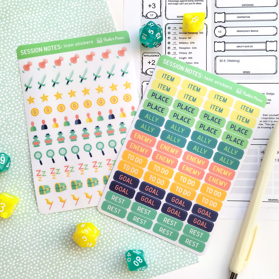 Text and Icon Session Notes Sticker Sheets - Geeky merchandise for people who play D&D - Merch to wear and cute accessories and stationery Paola's Pixels