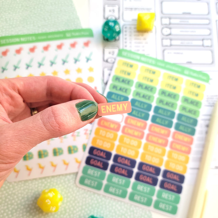 Text and Icon Session Notes Sticker Sheets - Geeky merchandise for people who play D&D - Merch to wear and cute accessories and stationery Paola's Pixels