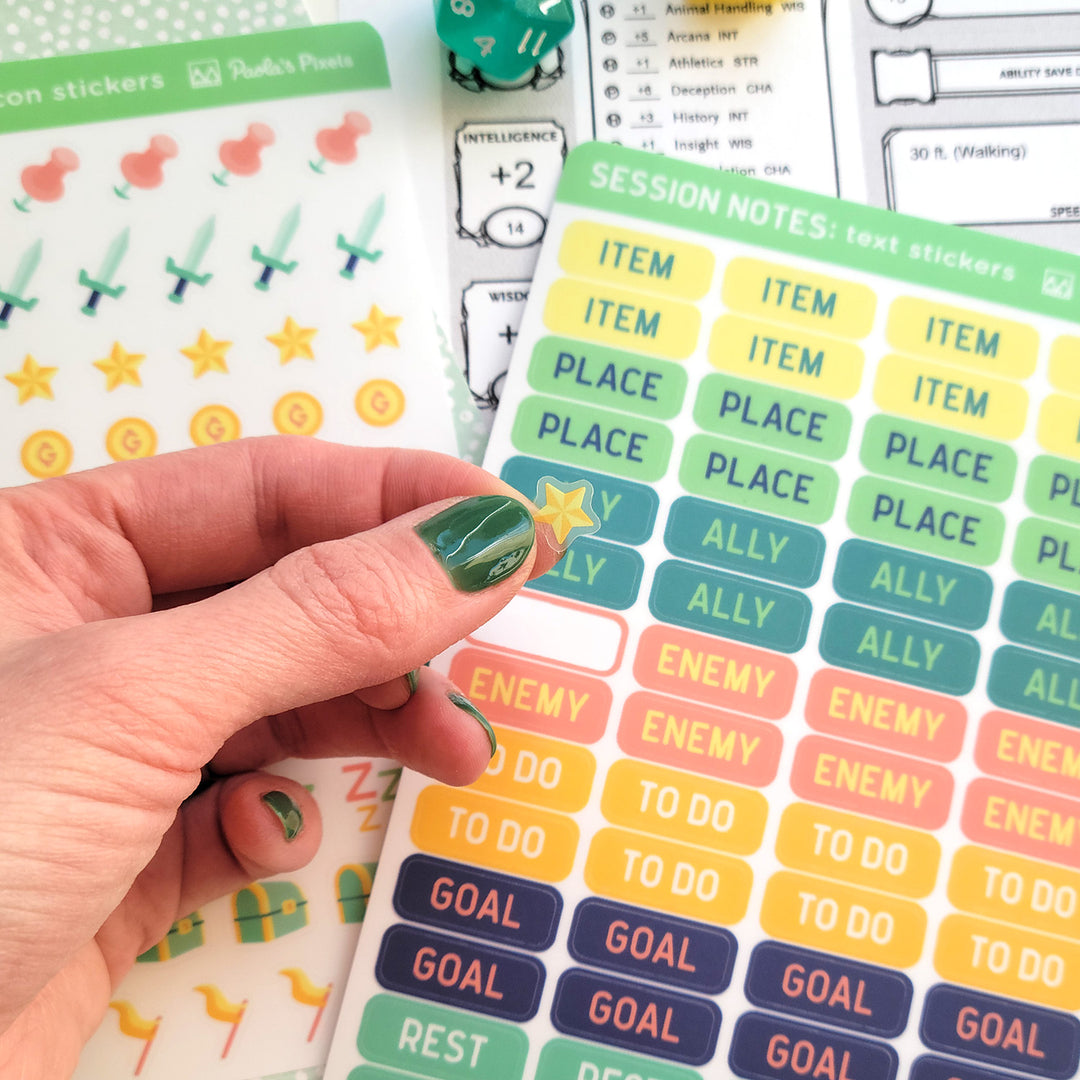 Text and Icon Session Notes Sticker Sheets - Geeky merchandise for people who play D&D - Merch to wear and cute accessories and stationery Paola's Pixels