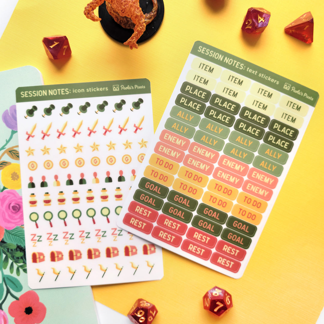 Text and Icon Session Notes Sticker Sheets - Fall Colors - Geeky merchandise for people who play D&D - Merch to wear and cute accessories and stationery Paola's Pixels