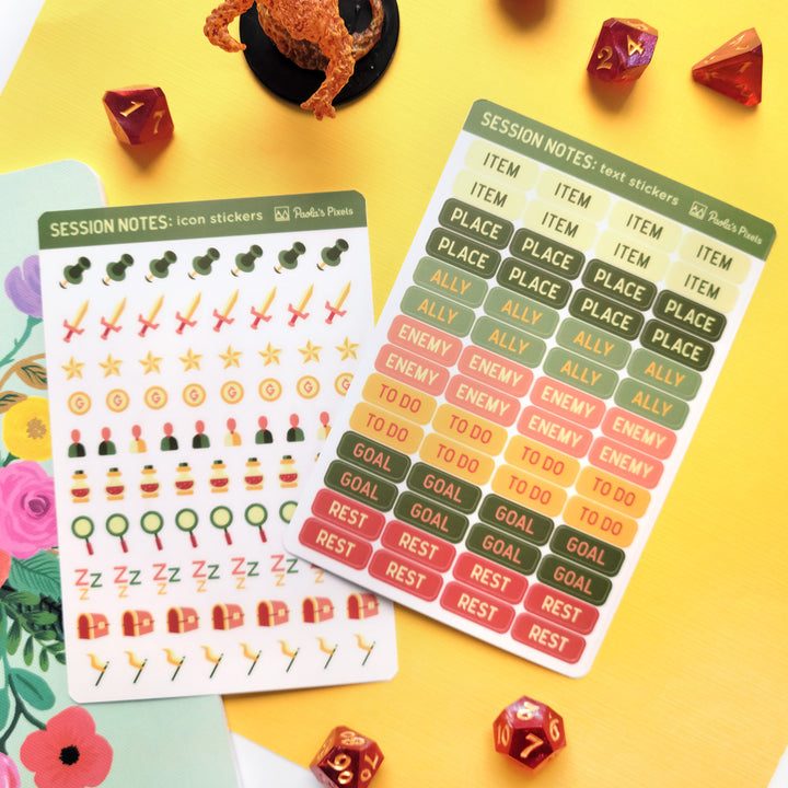 Text and Icon Session Notes Sticker Sheets - Fall Colors - Geeky merchandise for people who play D&D - Merch to wear and cute accessories and stationery Paola's Pixels