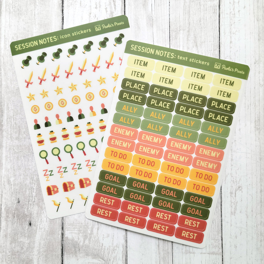 Text and Icon Session Notes Sticker Sheets - Fall Colors - Geeky merchandise for people who play D&D - Merch to wear and cute accessories and stationery Paola's Pixels