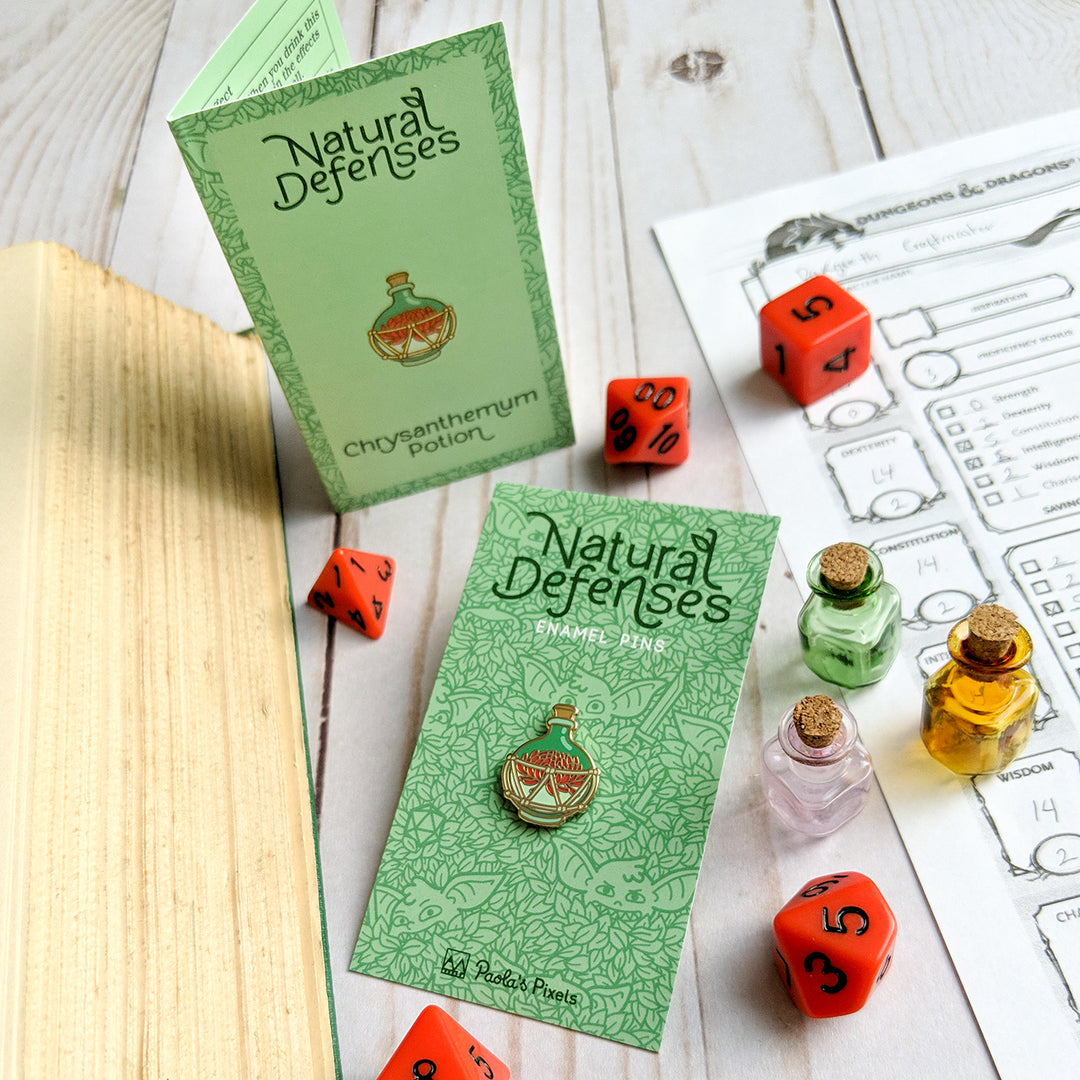 Chrysanthemum Potion Pin - Geeky merchandise for people who play D&D - Merch to wear and cute accessories and stationery Paola's Pixels