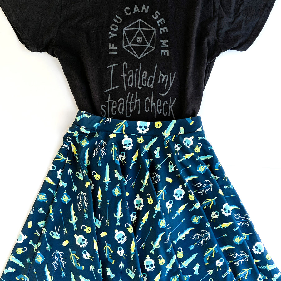 Rogue Skater Skirt - Geeky merchandise for people who play D&D - Merch to wear and cute accessories and stationery Paola's Pixels