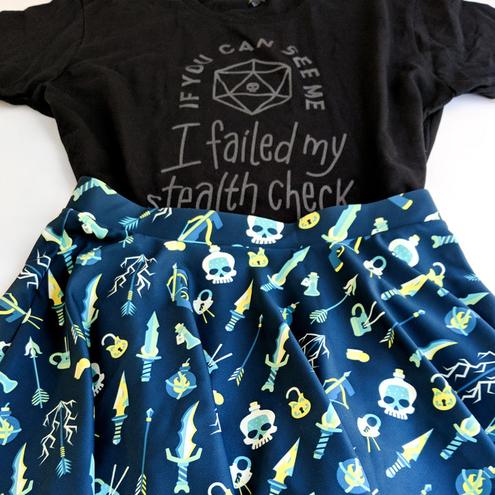 Rogue Skater Skirt - Geeky merchandise for people who play D&D - Merch to wear and cute accessories and stationery Paola's Pixels