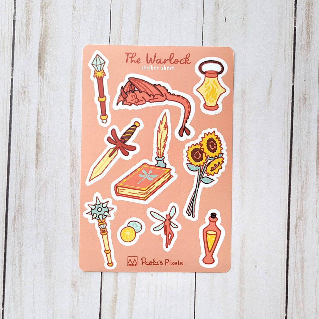 Summer Warlock Sticker Sheet - Geeky merchandise for people who play D&D - Merch to wear and cute accessories and stationery Paola's Pixels