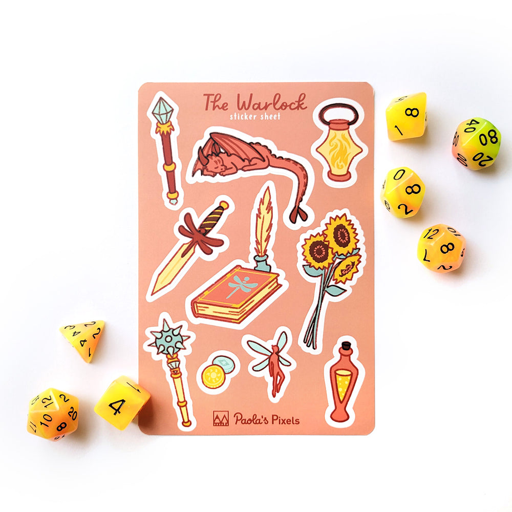 Summer Warlock Sticker Sheet - Geeky merchandise for people who play D&D - Merch to wear and cute accessories and stationery Paola's Pixels