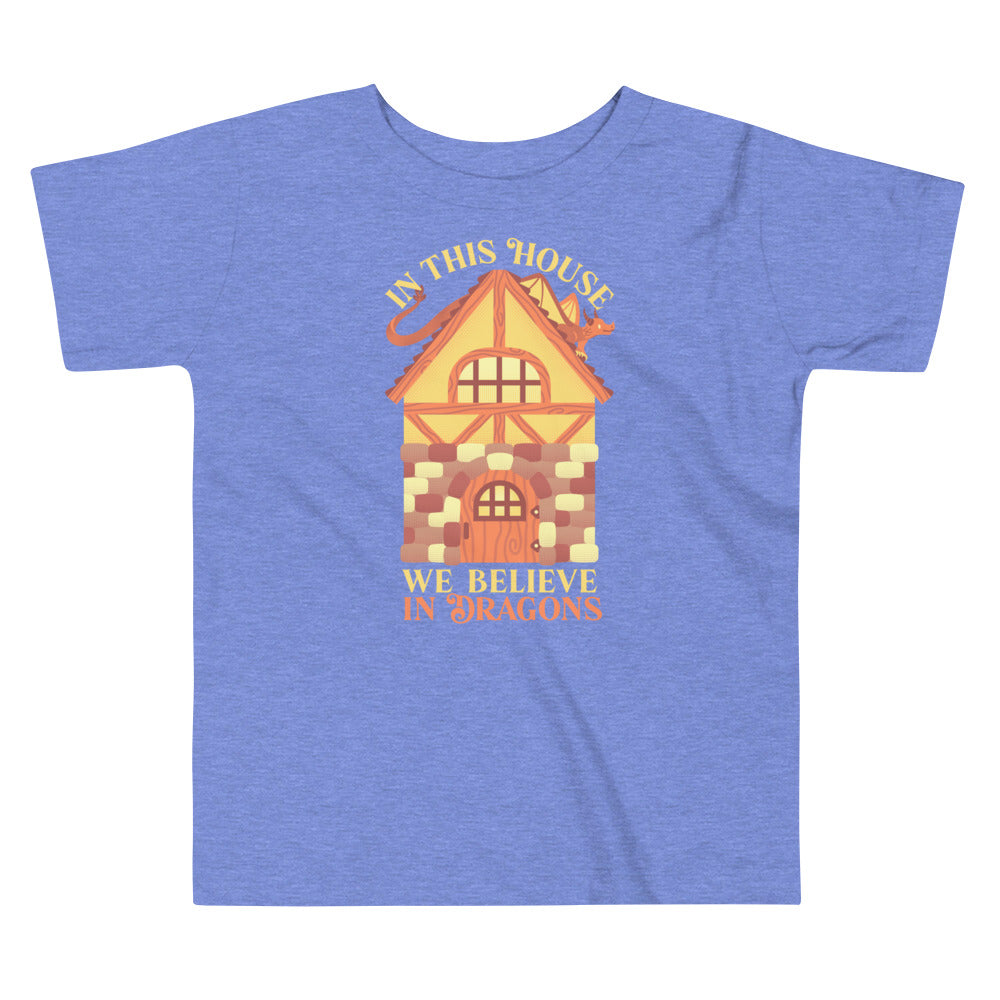 In This House We Believe In Dragons Toddler Shirt - Geeky merchandise for people who play D&D - Merch to wear and cute accessories and stationery Paola's Pixels