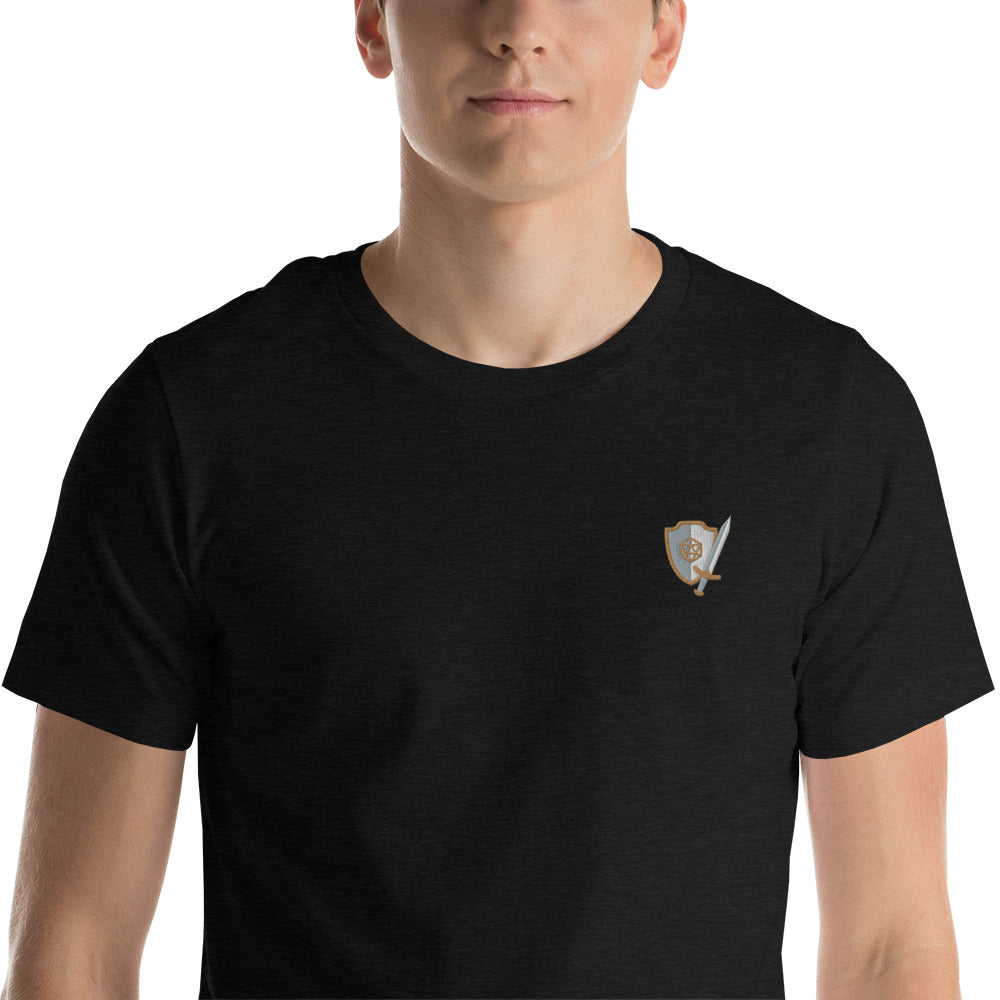 Sword and Shield Embroidered Unisex Shirt - Geeky merchandise for people who play D&D - Merch to wear and cute accessories and stationery Paola's Pixels
