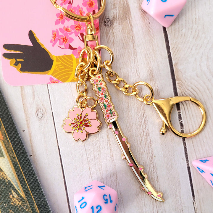 Cherry Blossom Katana Enamel Keychain