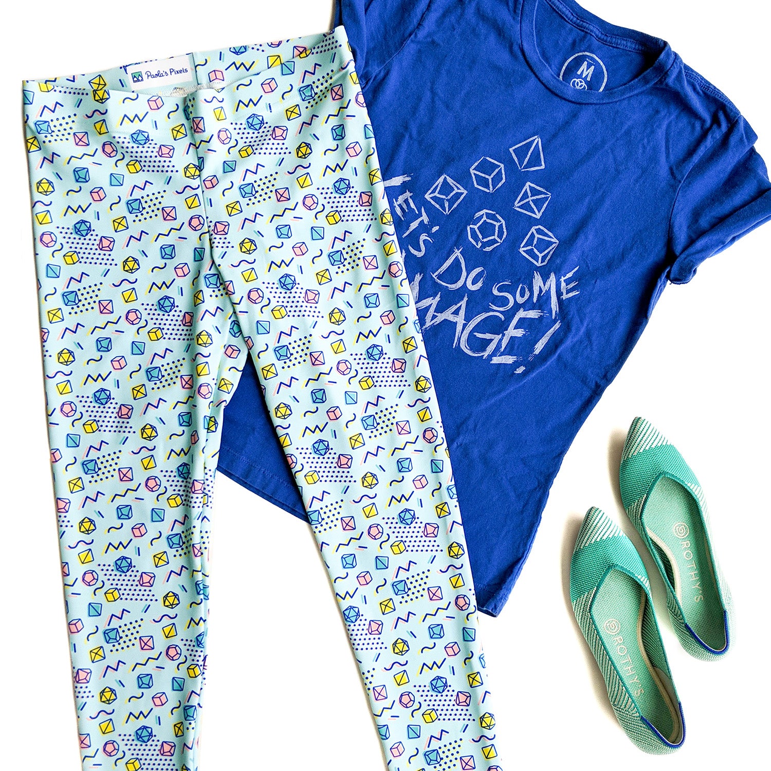 90s Dice Leggings - Geeky merchandise for people who play D&D - Merch to wear and cute accessories and stationery Paola's Pixels