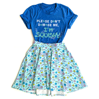 90s Dice Skater Skirt - Geeky merchandise for people who play D&D - Merch to wear and cute accessories and stationery Paola's Pixels