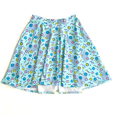 90s Dice Skater Skirt - Geeky merchandise for people who play D&D - Merch to wear and cute accessories and stationery Paola's Pixels