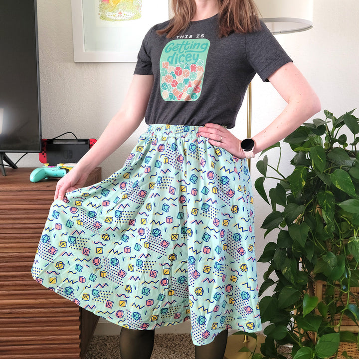90s Dice Midi Skirt - Geeky merchandise for people who play D&D - Merch to wear and cute accessories and stationery Paola's Pixels