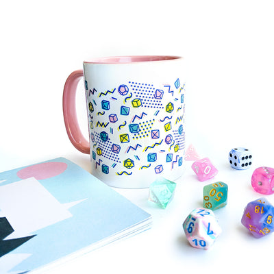 90s Dice Mug - Geeky merchandise for people who play D&D - Merch to wear and cute accessories and stationery Paola's Pixels