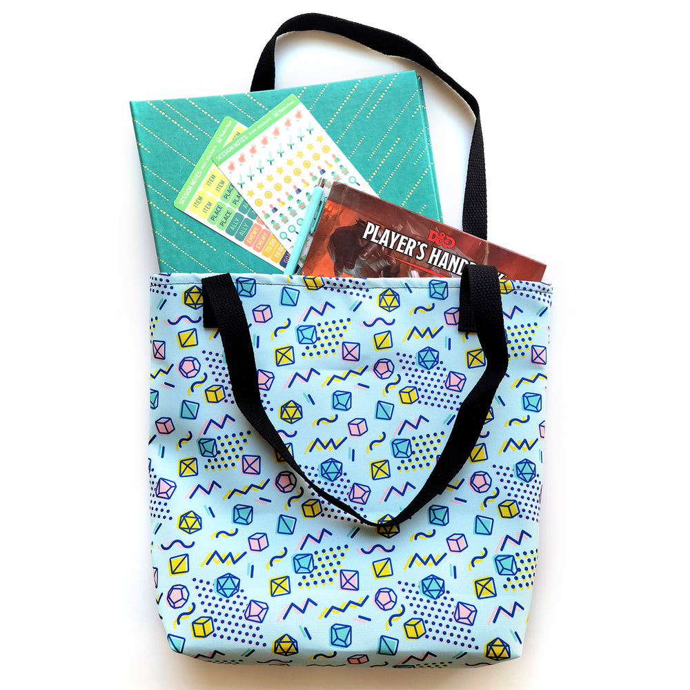 90s Dice Tote bag - Geeky merchandise for people who play D&D - Merch to wear and cute accessories and stationery Paola's Pixels